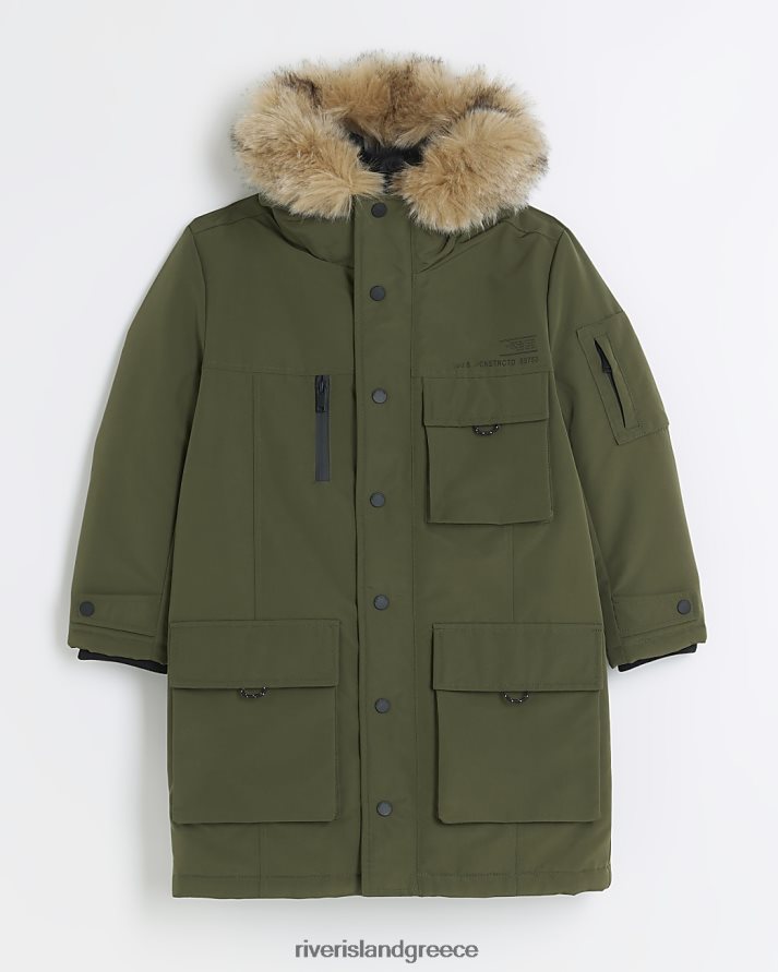 River Island ενδύματα χακί αγόρια β παλτό παρκά με κουκούλα από συνθετική γούνα B6N8X3632