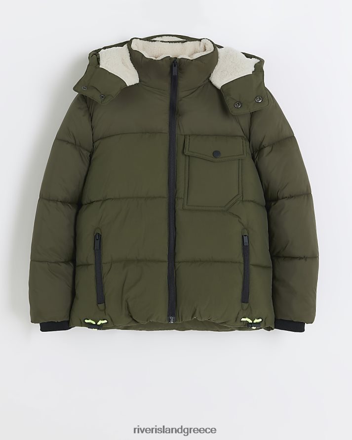 River Island ενδύματα χακί αγόρια borg trim puffer παλτό B6N8X6818