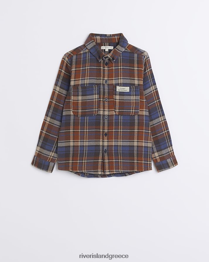 River Island ενδύματα καφέ αγόρια b angel & rocket check-pocket πουκάμισο B6N8X6994
