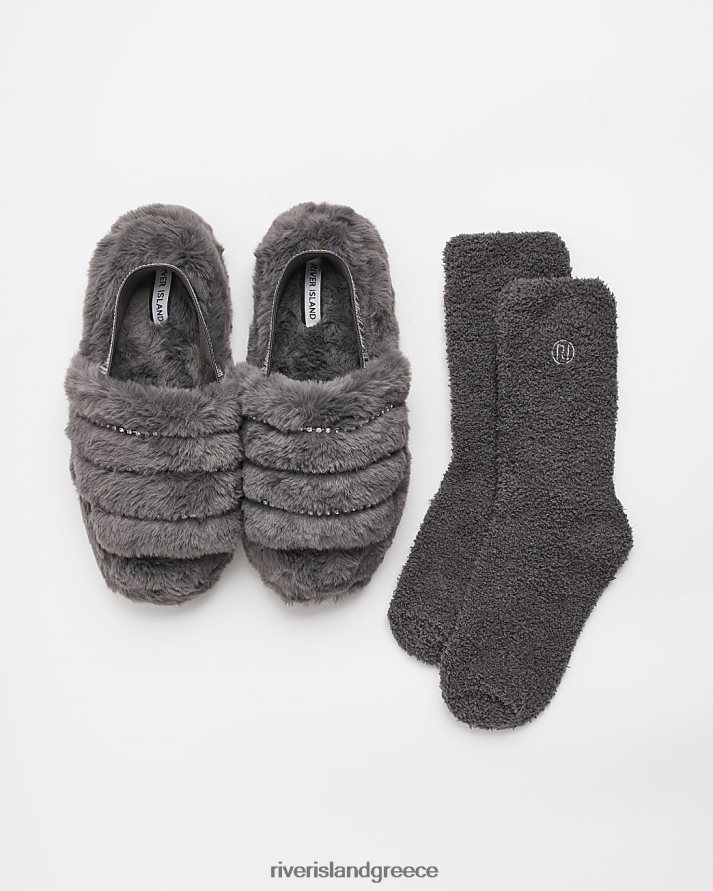 River Island είδη υπόδησης γκρί γυναίκες Σετ παντόφλες από ψεύτικη γούνα B6N8X4046