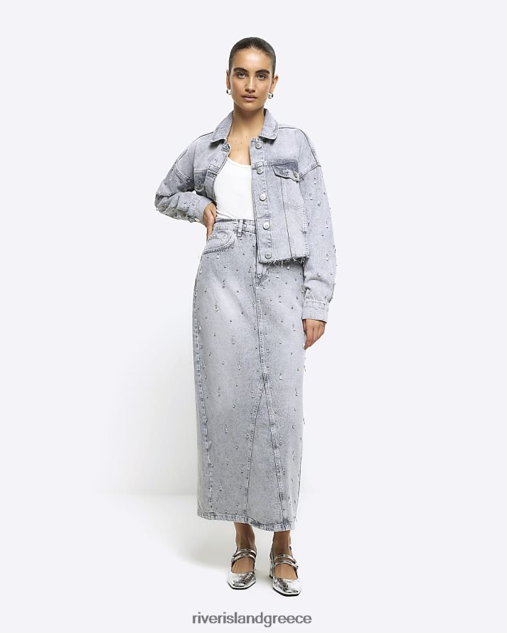 River Island ενδύματα γκρί γυναίκες διακοσμημένη τζιν μάξι φούστα B6N8X4023