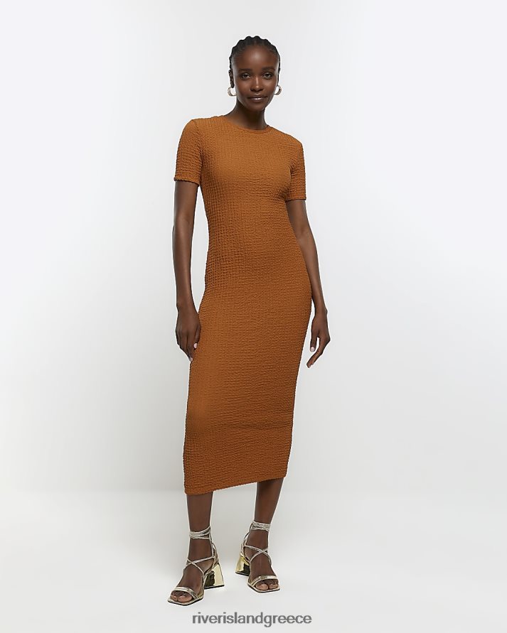 River Island ενδύματα καφέ γυναίκες ανάγλυφο κοντομάνικο φόρεμα B6N8X4343