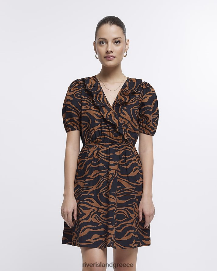 River Island ενδύματα καφέ γυναίκες Animal Print Frill Mini Dress B6N8X1722