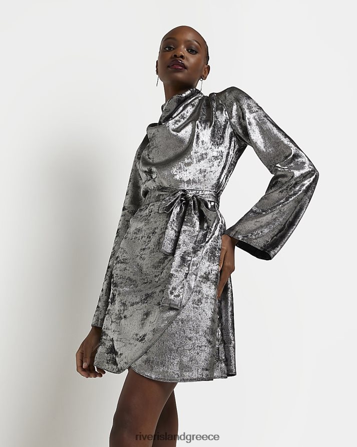 River Island ενδύματα ασήμι γυναίκες Σατέν μίνι φόρεμα με ψηλό λαιμό B6N8X1368