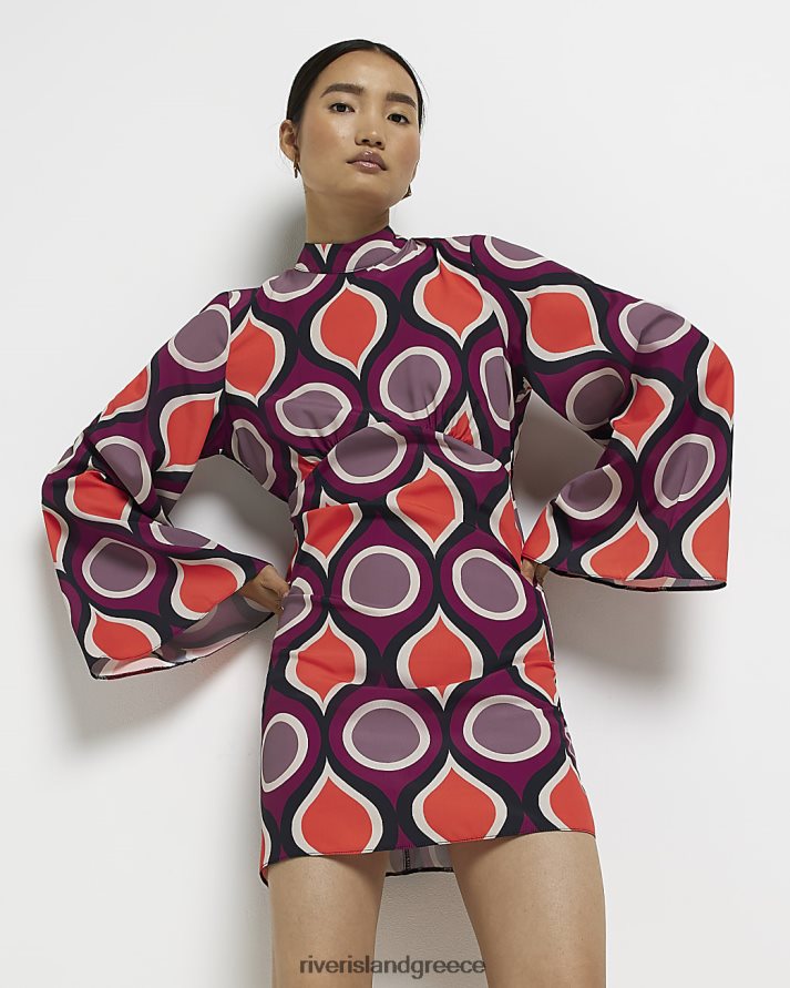 River Island ενδύματα πορτοκάλι γυναίκες Μίνι φόρεμα με εμπριμέ μανίκια φλάουτο B6N8X1468