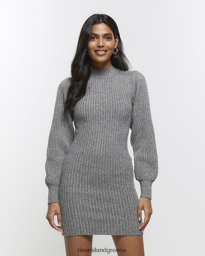 River Island ενδύματα γκρί γυναίκες Πλεκτό μίνι φόρεμα με τζάμπα φουσκωτά μανίκια B6N8X163