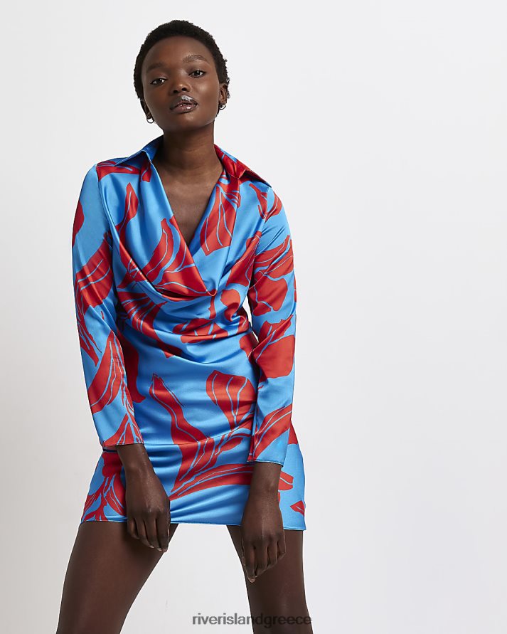 River Island ενδύματα μπλε γυναίκες Μίνι φόρεμα με λαιμόκοψη λουλουδάτο σατέν B6N8X1982