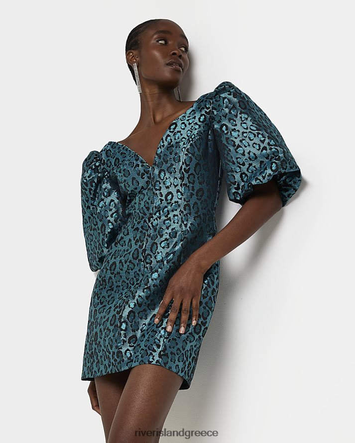 River Island ενδύματα μπλε γυναίκες Μίνι φόρεμα ζακάρ φουσκωτό μανίκι B6N8X2064