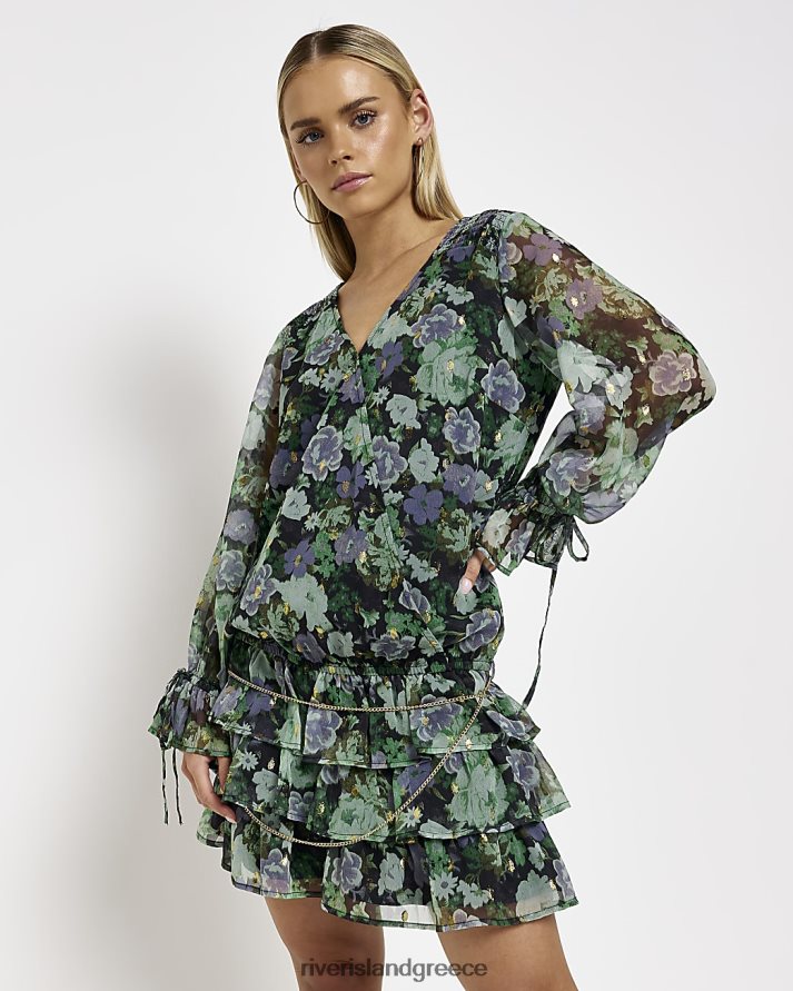 River Island ενδύματα μαύρος γυναίκες Μίνι φλοράλ σιφόν με ζώνη B6N8X2291