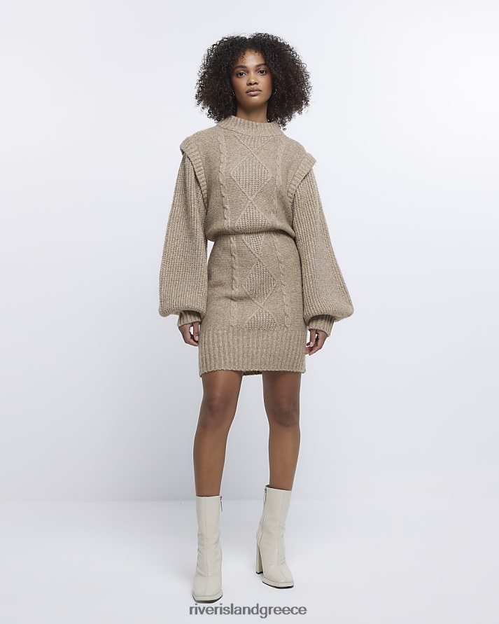 River Island ενδύματα μπεζ γυναίκες Πλεκτό μίνι φόρεμα άλτης ώμου B6N8X3788