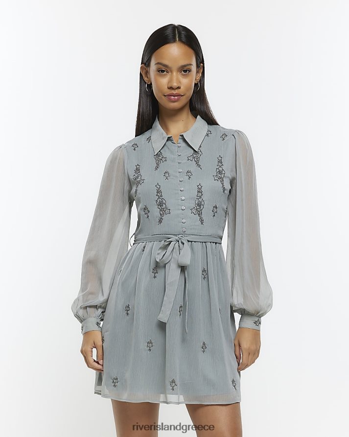 River Island ενδύματα μπλε γυναίκες Μίνι φόρεμα πουκάμισο διακοσμημένο με σιφόν B6N8X4551