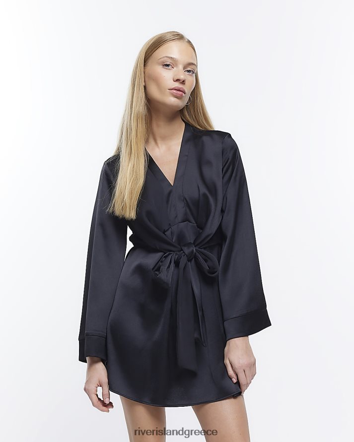 River Island ενδύματα μαύρος γυναίκες Μικρό σατέν μακρυμάνικο μίνι φόρεμα B6N8X5285