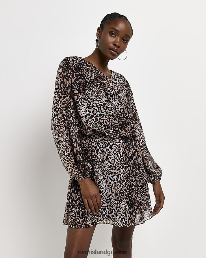 River Island ενδύματα καφέ γυναίκες Μίνι φόρεμα με animal print λαιμόκοψη B6N8X2092