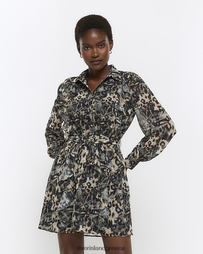 River Island ενδύματα μαύρος γυναίκες Μίνι πουκάμισο φόρεμα με ζωνάρι με animal print B6N8X4377