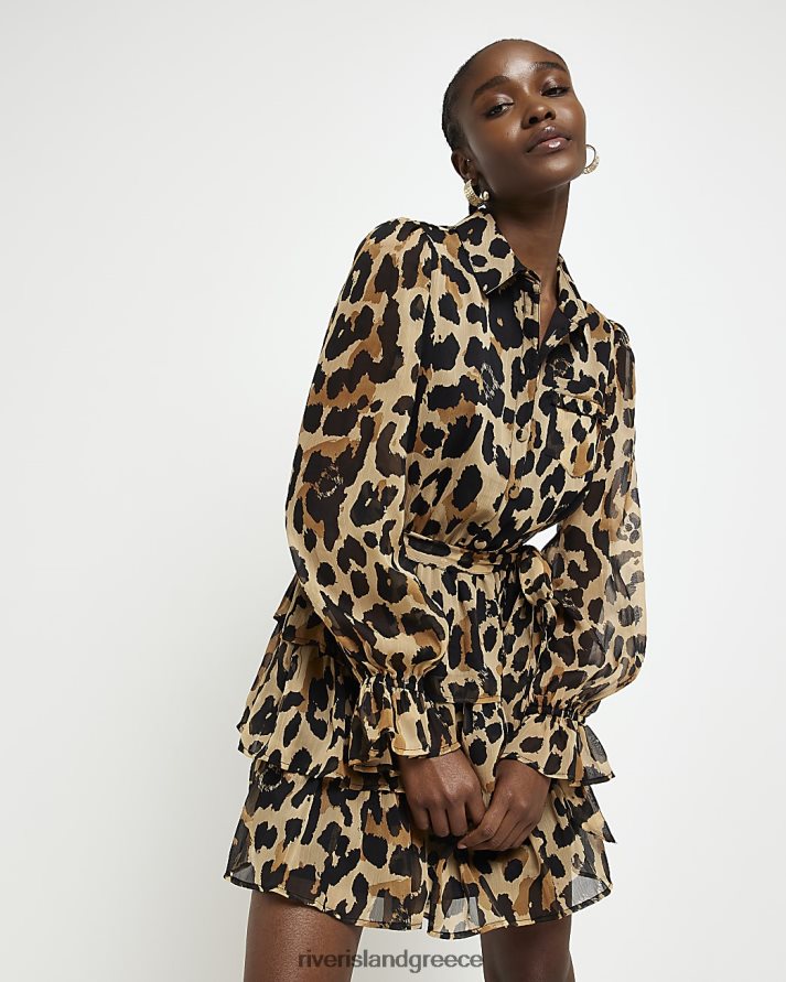 River Island ενδύματα καφέ γυναίκες Μίνι φόρεμα από σιφόν animal print B6N8X4779