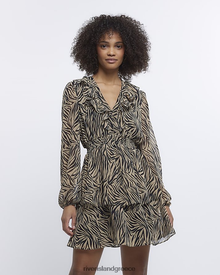River Island ενδύματα καφέ γυναίκες Μίνι φόρεμα με animal print μακρυμάνικο B6N8X4800