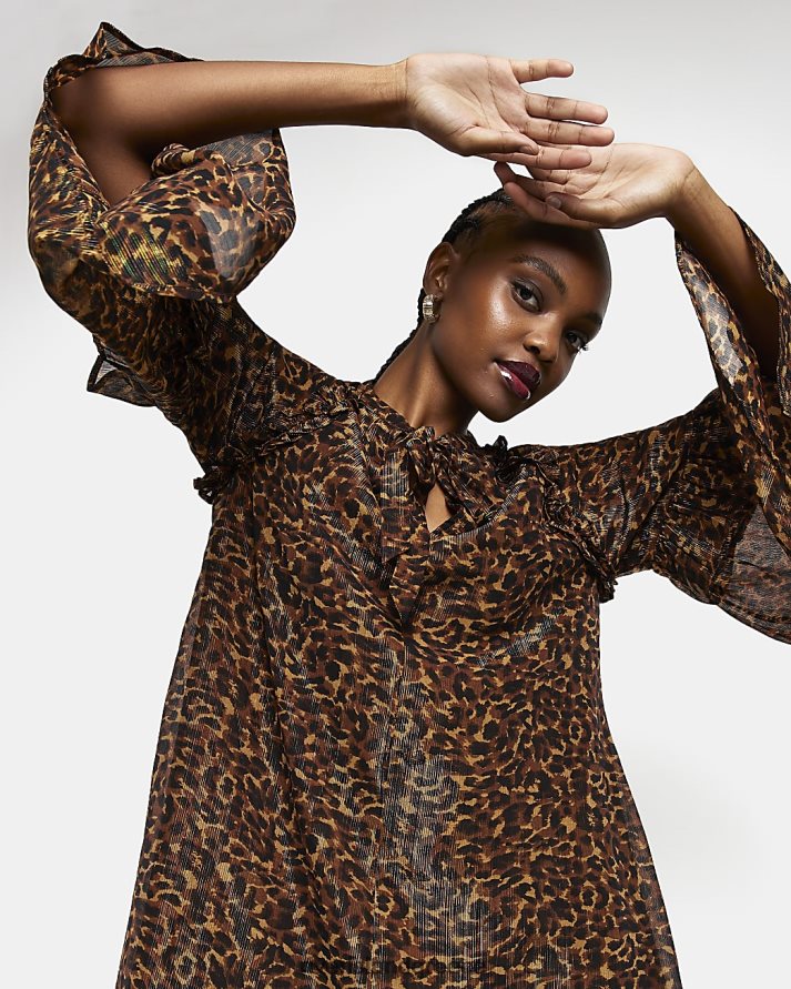 River Island ενδύματα καφέ γυναίκες animal print smock μίνι φόρεμα B6N8X1753