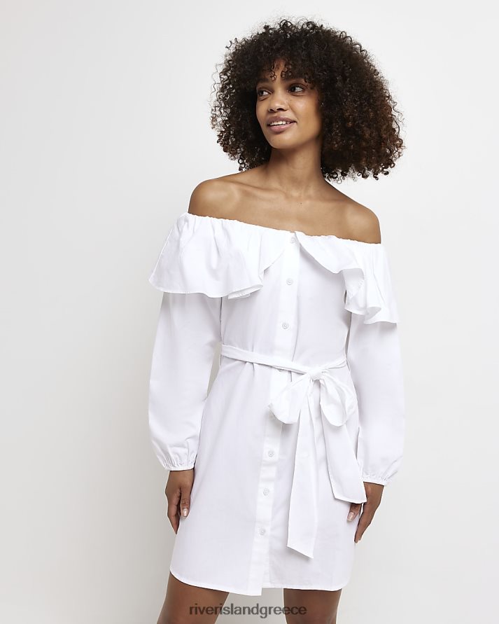 River Island ενδύματα άσπρο γυναίκες Μίνι πουκάμισο φόρεμα bardot frill B6N8X1316