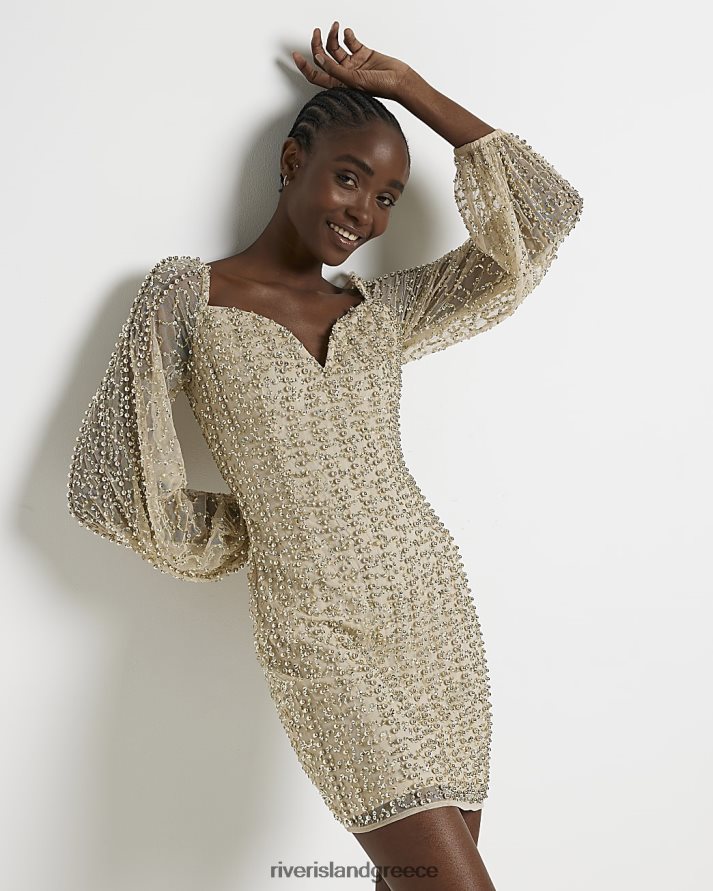 River Island ενδύματα μπεζ γυναίκες Διακοσμημένο μίνι φόρεμα bodycon B6N8X4970