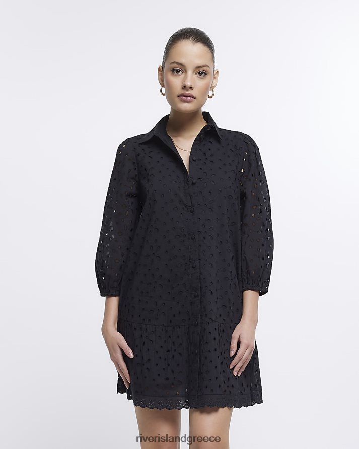 River Island ενδύματα μαύρος γυναίκες Μίνι μακρυμάνικο πουκάμισο broderie B6N8X1756