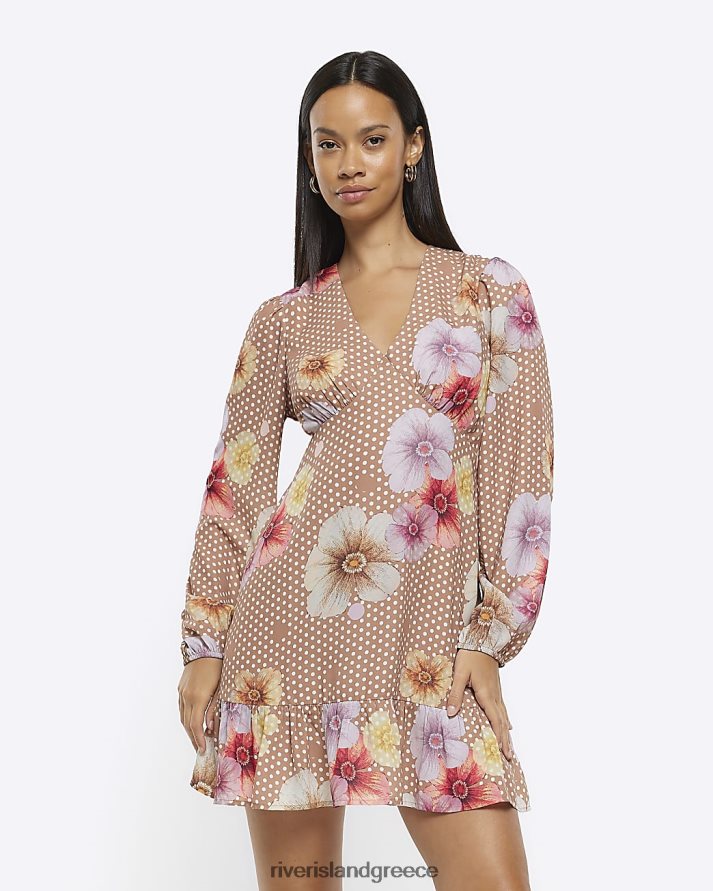 River Island ενδύματα καφέ γυναίκες Μίνι φόρεμα με floral print B6N8X4499