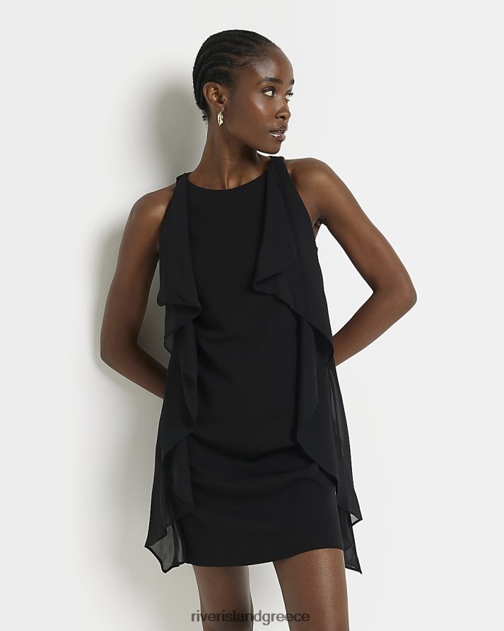 River Island ενδύματα μαύρος γυναίκες frill αμάνικο φόρεμα mini shift B6N8X1783