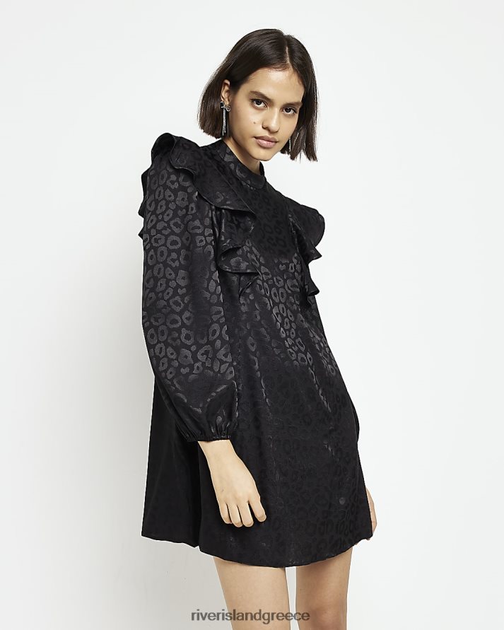 River Island ενδύματα μαύρος γυναίκες Μίνι φόρεμα ζακάρ frill shift B6N8X1998
