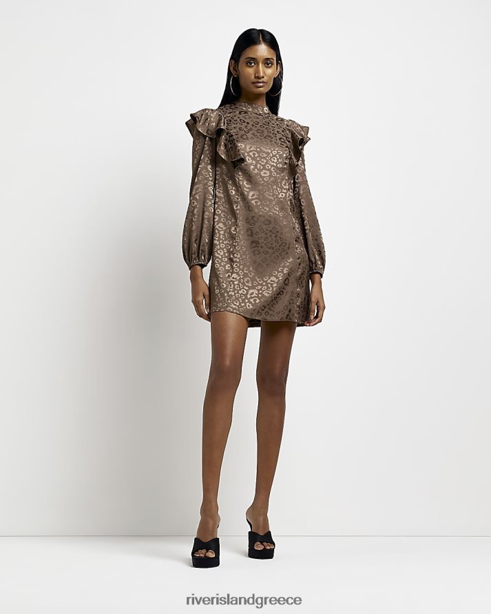 River Island ενδύματα καφέ γυναίκες Μίνι φόρεμα ζακάρ frill shift B6N8X1999