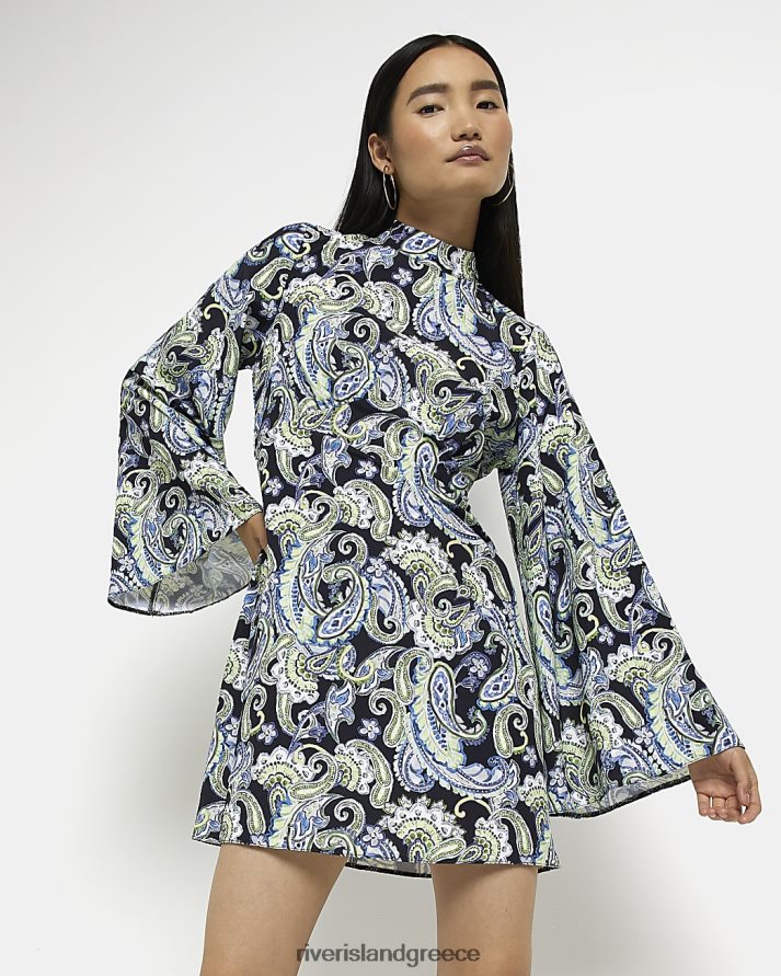 River Island ενδύματα μαύρος γυναίκες Μίνι φόρεμα με μανίκια φλάουτο paisley B6N8X1467