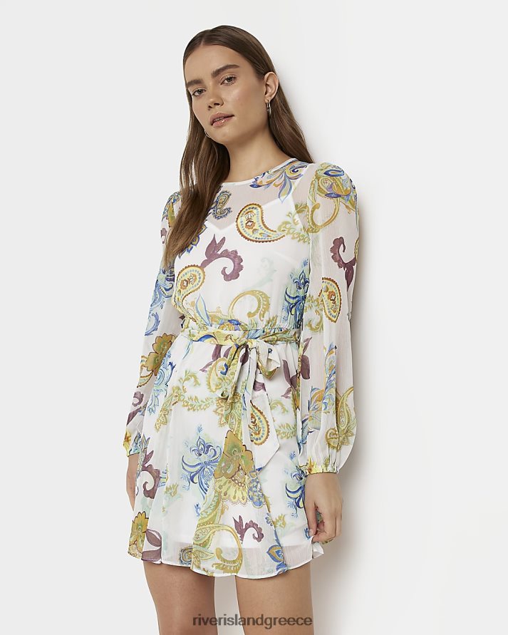 River Island ενδύματα άσπρο γυναίκες Μίνι μακρυμάνικο φόρεμα paisley B6N8X1937