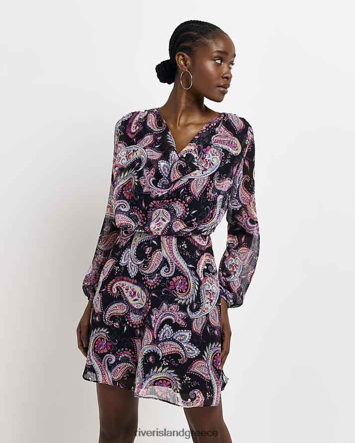 River Island ενδύματα μαύρος γυναίκες Μίνι φόρεμα paisley με λαιμόκοψη B6N8X2090