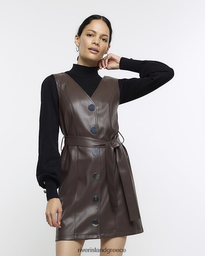 River Island ενδύματα καφέ γυναίκες Μίνι φόρεμα από συνθετικό δέρμα pinafore B6N8X4031