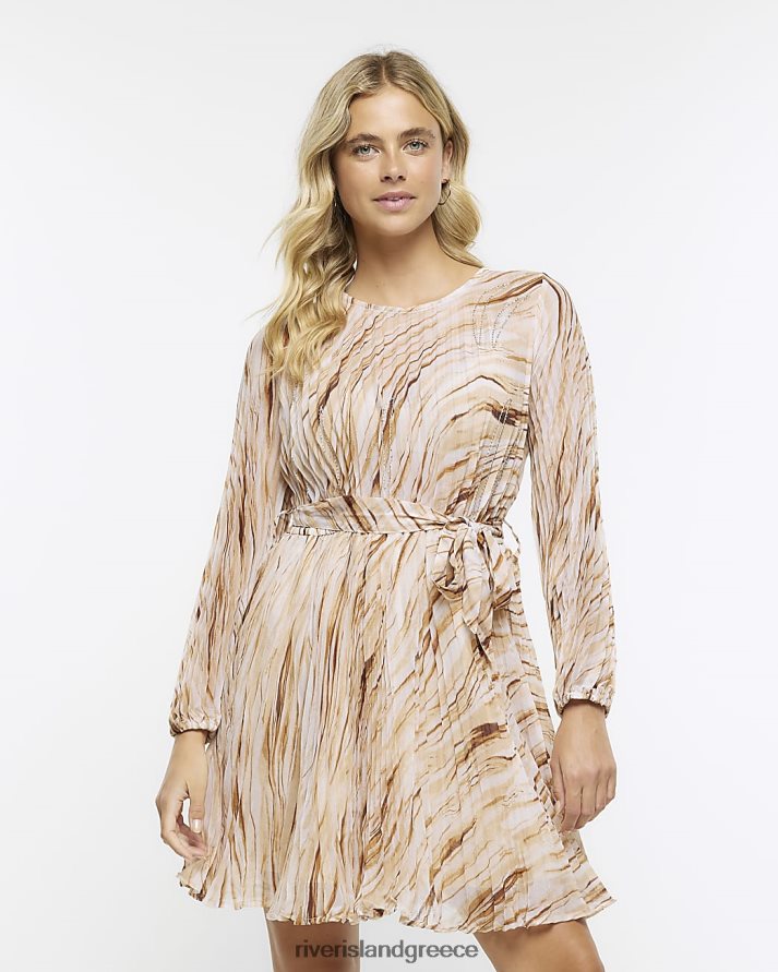 River Island ενδύματα μπεζ γυναίκες plisse abstract swing min idress B6N8X4259