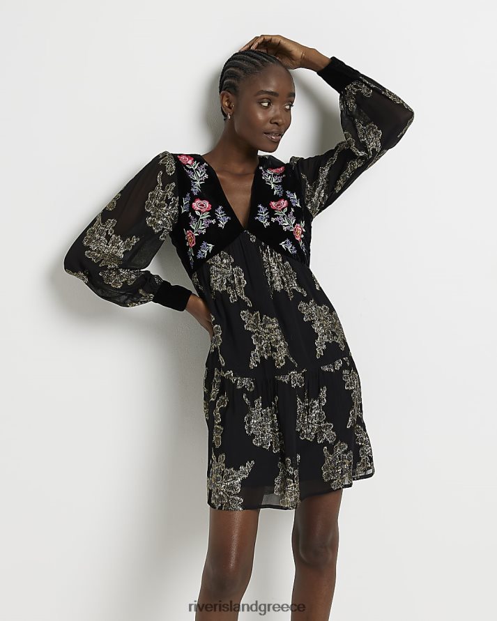 River Island ενδύματα μαύρος γυναίκες Μίνι φλοράλ κεντημένο smock φόρεμα B6N8X4971
