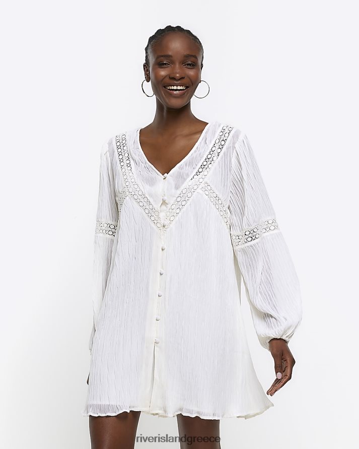 River Island ενδύματα άσπρο γυναίκες λεπτομέρεια δαντέλα smock μίνι φόρεμα B6N8X998