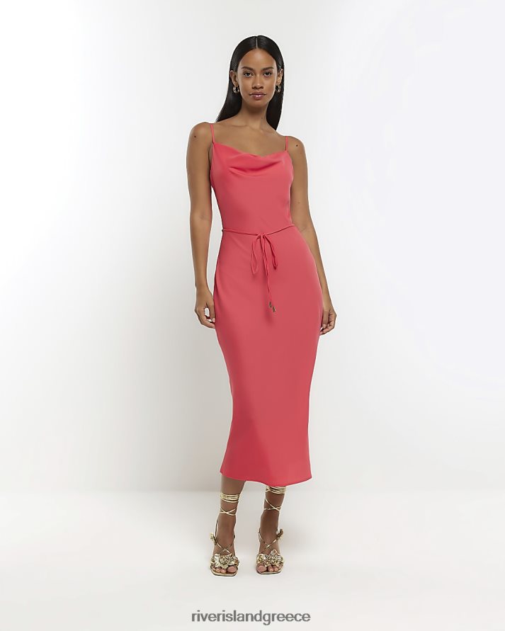 River Island ενδύματα κοράλλι γυναίκες μίντι φόρεμα σατέν γραβάτα στη μέση B6N8X1470