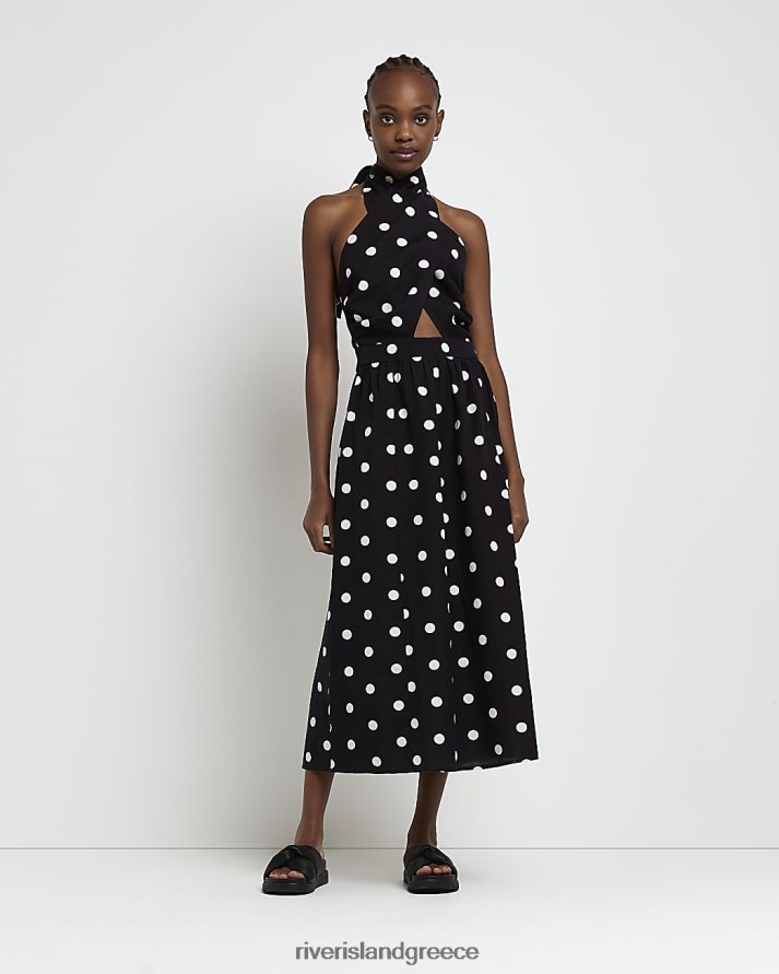 River Island ενδύματα μαύρος γυναίκες μίντι φόρεμα από λινό λαιμό καπίστρι B6N8X1521