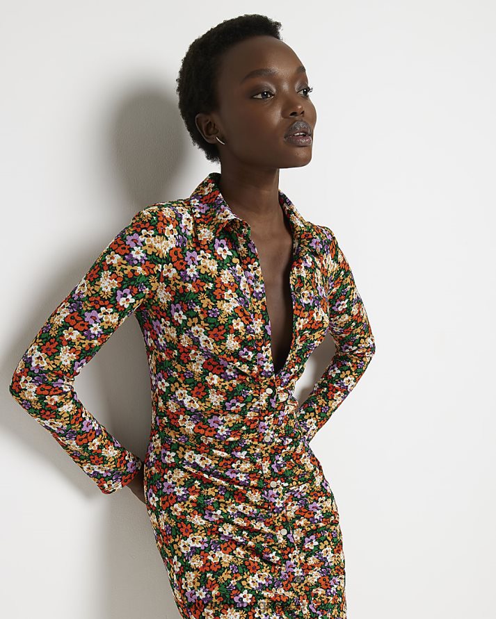 River Island ενδύματα το κόκκινο γυναίκες λουλουδάτο μίντι φόρεμα πουκάμισο B6N8X1545