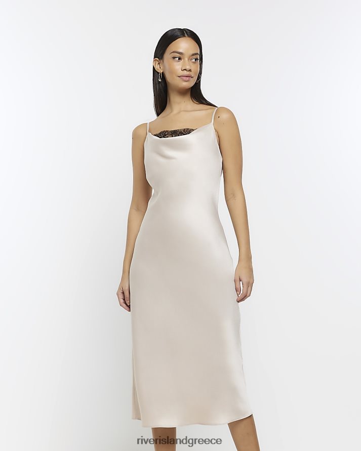 River Island ενδύματα κρέμα γυναίκες μίντι φόρεμα σατέν με λαιμόκοψη B6N8X1664