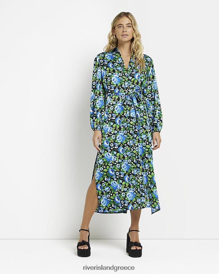 River Island ενδύματα μπλε γυναίκες σατέν φλοράλ μίντι πουκάμισο φόρεμα B6N8X1957