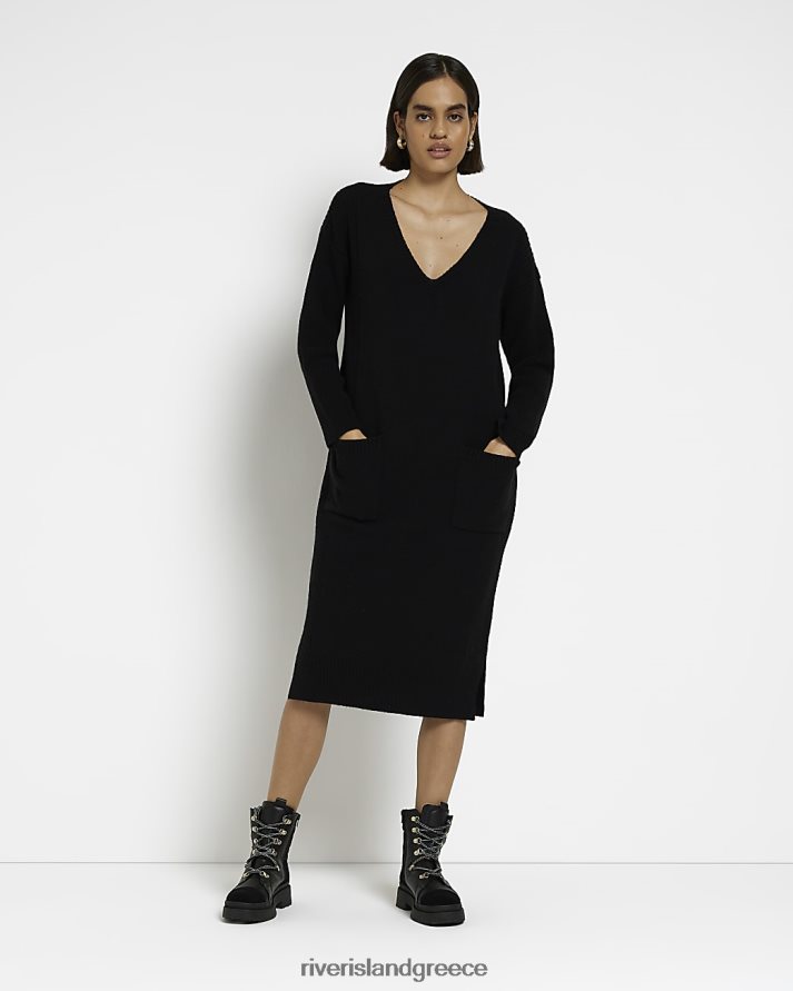 River Island ενδύματα μαύρος γυναίκες Μίντι φόρεμα μπλουζάκι μπροστά τσέπη B6N8X1969