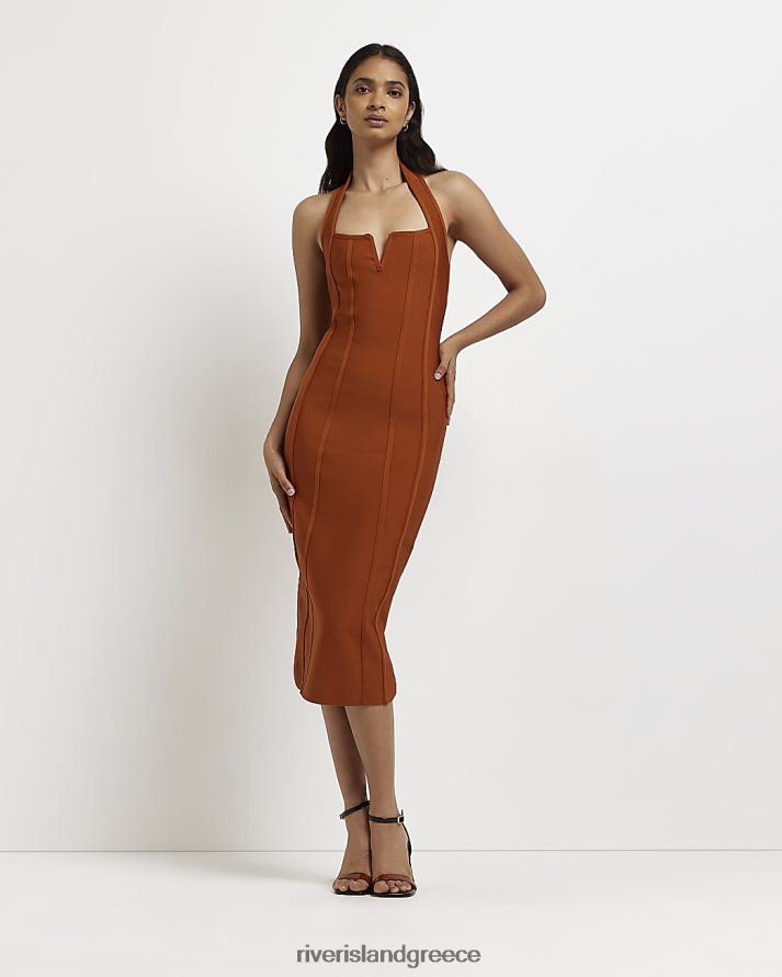 River Island ενδύματα σκουριά γυναίκες μίντι φόρεμα με λαιμόκοψη κορμάκι B6N8X2083