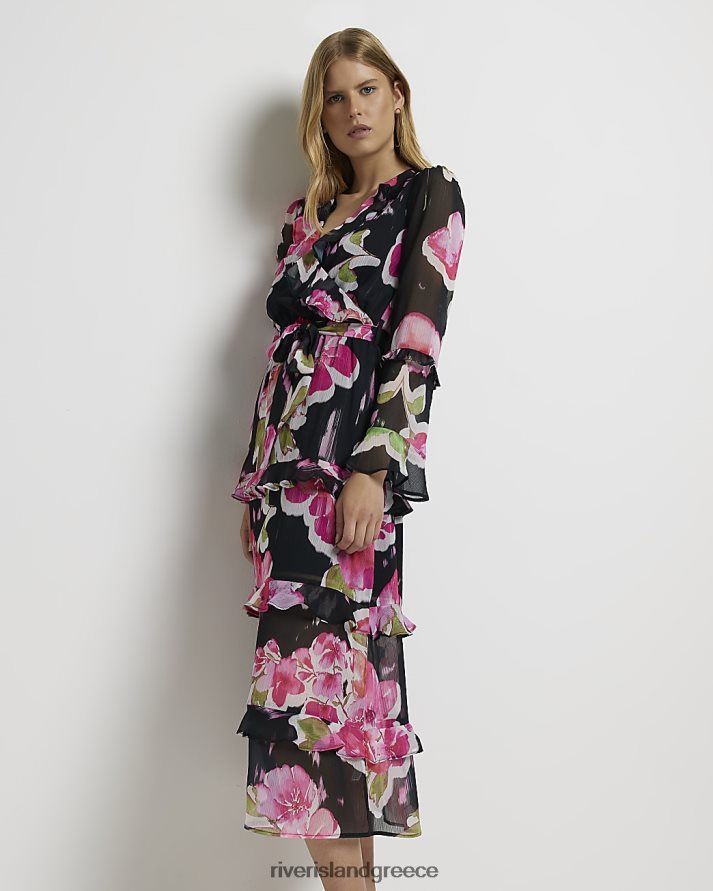 River Island ενδύματα μαύρος γυναίκες μακρυμάνικο φλοράλ μίντι φόρεμα B6N8X2087
