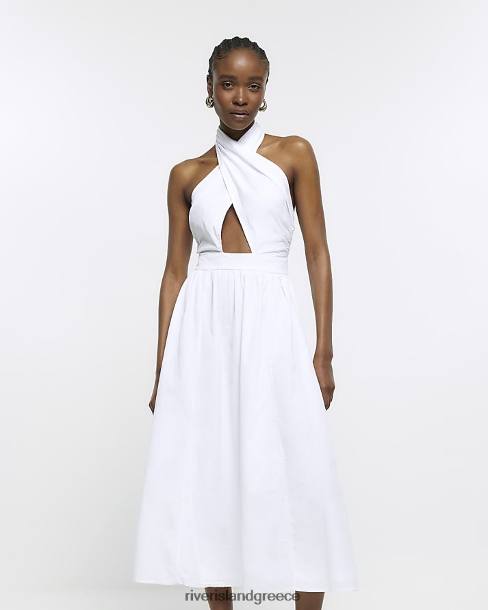 River Island ενδύματα άσπρο γυναίκες Μίντι φόρεμα με λινό λαιμόκοψη B6N8X2143