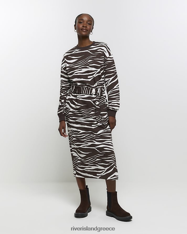 River Island ενδύματα καφέ γυναίκες Μίντι φόρεμα φούτερ με ζέβρα B6N8X4134