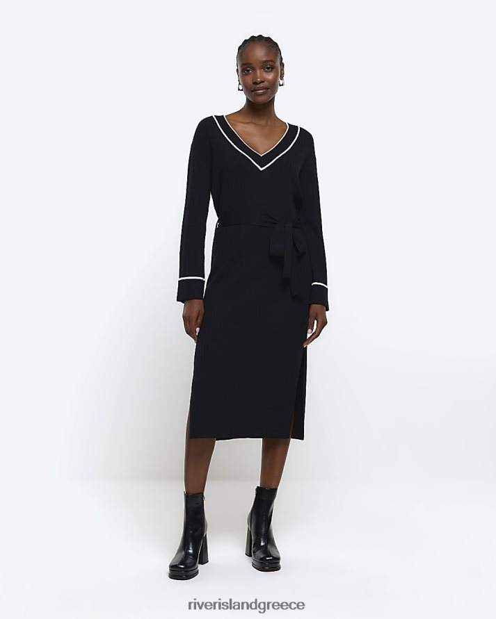 River Island ενδύματα μαύρος γυναίκες μίντι φόρεμα με πλεκτό δέσιμο στη μέση B6N8X4221