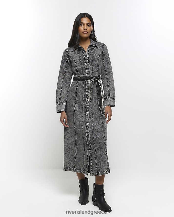 River Island ενδύματα γκρί γυναίκες τζιν φόρεμα μίντι πουκάμισο με ζώνη B6N8X4257