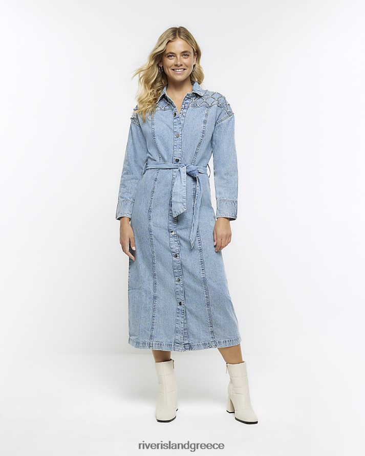 River Island ενδύματα μπλε γυναίκες Μίντι πουκάμισο με τζιν διακοσμημένο B6N8X4310