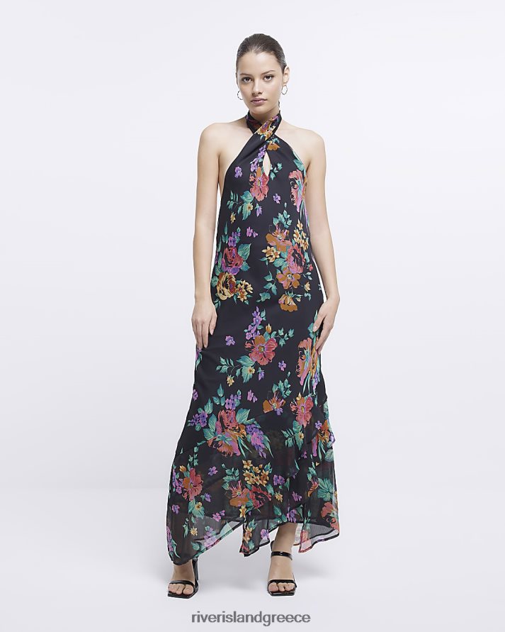 River Island ενδύματα μαύρος γυναίκες Μίντι φόρεμα με φλοράλ λαιμόκοψη B6N8X4756