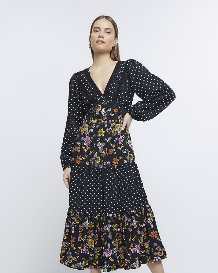 River Island ενδύματα μαύρος γυναίκες Μίντι φλοράλ μακρυμάνικο φόρεμα B6N8X4766